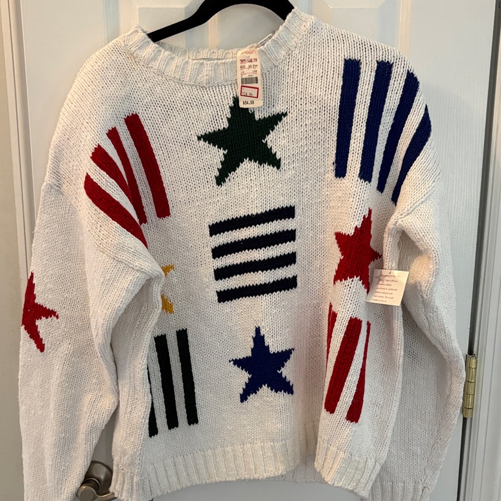 White Star & Stripe Crewneck Sweater with Multicolor Accents